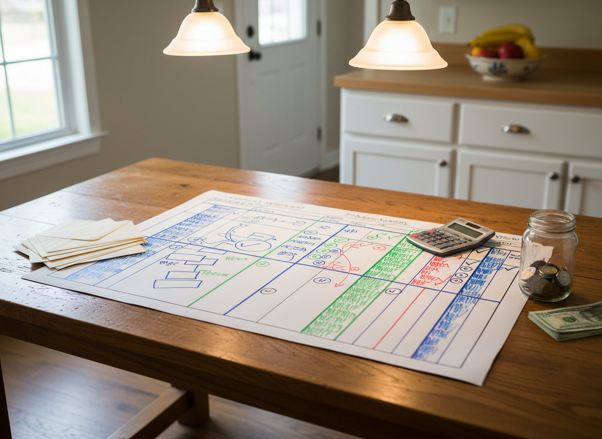 A kitchen table transformed into a ‘debt freedom’ planning space, with a large, clean white poster board laid flat, covered in color-coded columns, arrows, and check marks without readable text. Around it, there are tidy piles of envelopes, a simple calculator, and a glass jar half-filled with coins and a few neatly stacked bills. The table is worn oak with visible grain, set in a bright, modest kitchen with white cabinets and a bowl of fresh fruit in the background. Soft overhead pendant lighting and diffuse window light combine to create a warm, determined mood. Photographic realism, slightly elevated angle, moderate depth of field that keeps the chart sharp while gently blurring the background, suggesting forward momentum and hope.