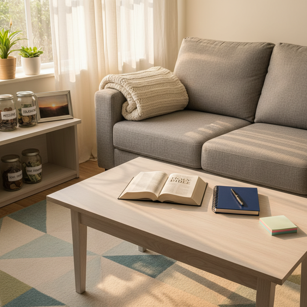 A welcoming living room in a modest but well-kept suburban home, featuring a comfortable gray fabric sofa with a neatly folded knitted blanket, a simple wooden coffee table displaying an open set of scriptures, a closed notebook, and a pen aligned beside a small stack of pastel sticky notes with no legible writing. Near the window, a low shelf holds a few labeled savings jars and a small framed image of a sunrise landscape. Golden hour sunlight filters through sheer curtains, casting warm patterns on the rug. Photographic realism, wide-angle lens with sharp focus throughout, balanced composition that feels peaceful, faith-centered, and focused on spiritual and financial progress at home.