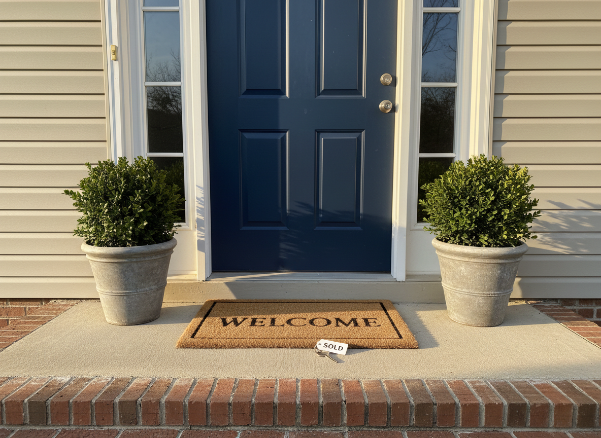 A freshly improved front porch of a small starter home, featuring a newly painted navy-blue door, a simple natural coir welcome mat, and two matching planters filled with vibrant green shrubs on either side. The siding is clean and light-colored, and a small, discreet ‘sold’ tag hangs from a plain metal key resting on the mat. Late afternoon sunlight slants across the scene, highlighting the texture of the wood, brick steps, and mat fibers, casting soft shadows that add depth. Photographic realism, straight-on composition with symmetrical balance, showcasing the home as a symbol of steady progress, stability, and faithful prosperity without feeling extravagant.