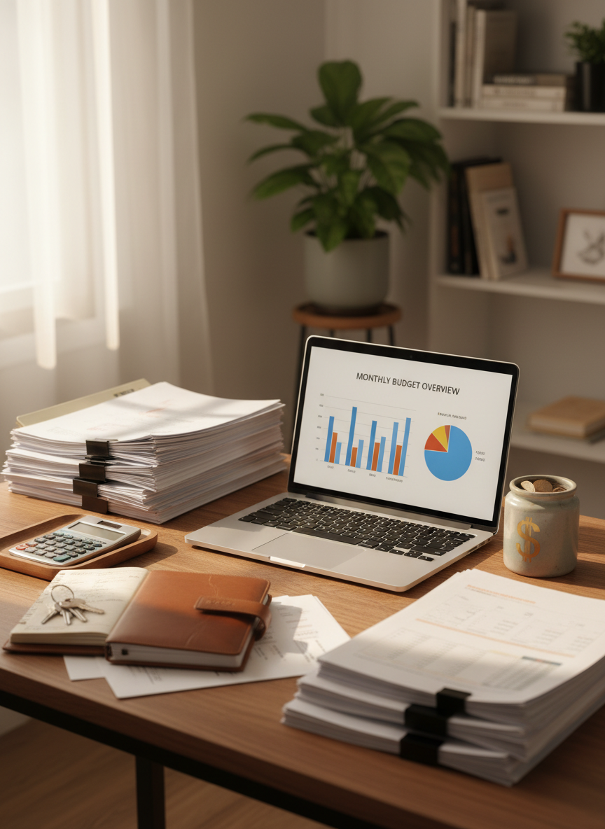 A meticulously organized wooden desk in a modest, sunlit home office, covered with neatly stacked financial documents, a simple open laptop displaying a colorful budgeting chart, and a small ceramic jar labeled only with a subtle dollar symbol. A leather-bound planner lies open beside a calculator and a single set of house keys. Soft afternoon natural light streams through a nearby window, creating gentle highlights on the paper edges and a warm glow across the scene. Photographic realism, eye-level composition with shallow depth of field, the background softly blurred to reveal a tidy bookshelf and a potted plant, conveying a calm, hopeful atmosphere of faithful financial stewardship and productivity.