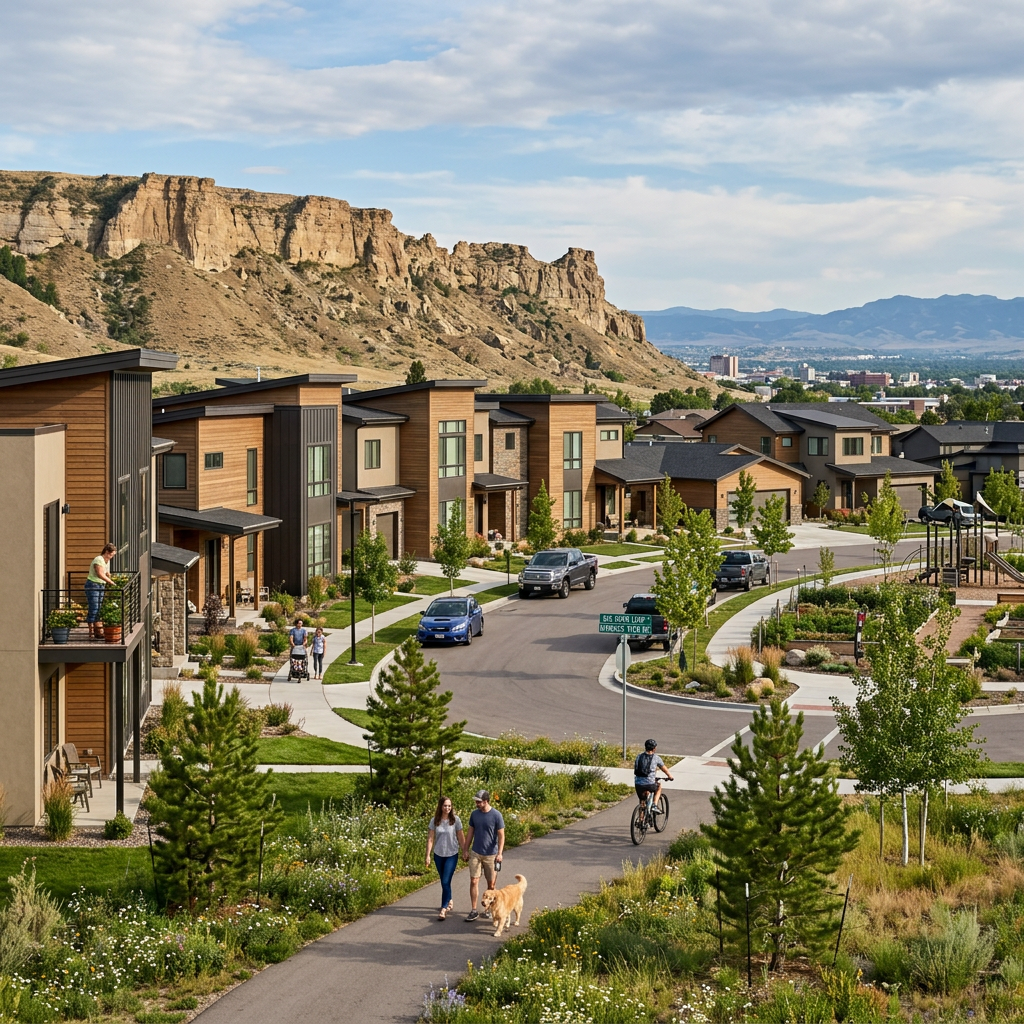 Modern neighborhood with people walking and cycling beneath desert cliffs